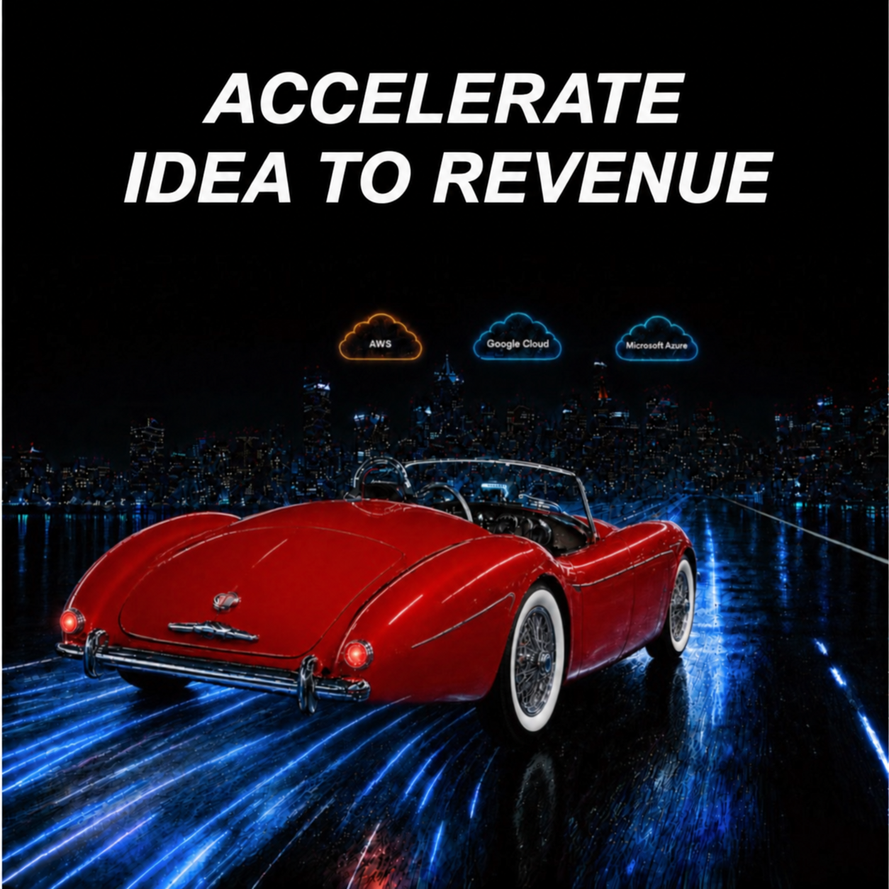 Idea to Revenue: a vintage red convertible beneath AWS, Google Cloud, and Microsoft Azure